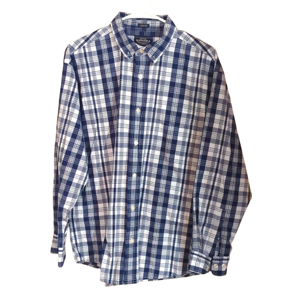 Sonoma Vintage Plaid 100% Cotton Navy Plaid Button Down Shirt Men's Size M